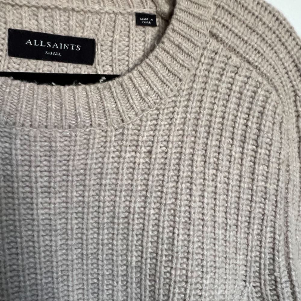 All Saints Ribbed Crewneck Oversized Knit Sweater Wool Small Tan Khaki Classic - Picture 2 of 9